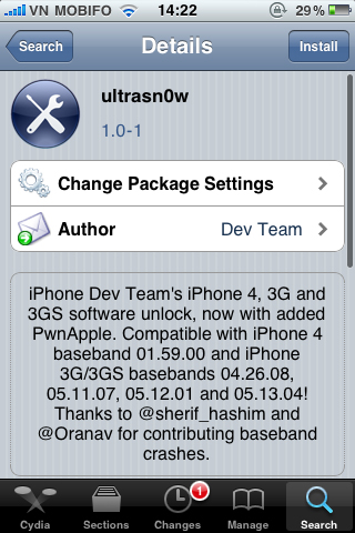 ultrasn0w phiên bản 1.0-1 trên Cydia.